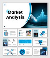 Market analysis slides with blue theme, growth chart visuals, graphs, icons, diagrams, and structured business insights.