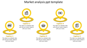 Market analysis slide with five yellow location markers showing icons for payment, register, basket, dollar, and document.