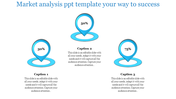 Blue infographic with location pins displaying percentages for market analysis, arranged in a triangular layout.