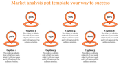 Market analysis template with six orange pin graphics and captions, displaying increasing percentages 30%–90%.