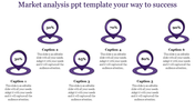 Purple market analysis slide with six markers showing 30 to 90 percent progress, each with captions.