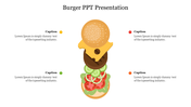 Colorful burger slide featuring a stacked burger illustration with caption areas.
