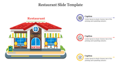 Restaurant slide with illustrated building, outdoor seating, and three right captions with icons in blue, red, and yellow.