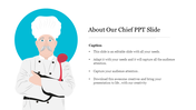 Slide featuring an illustrated chef with crossed arms, and a spoon in hand, set on a blue circular backdrop and text beside.