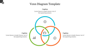 Venn diagram PPT template with three overlapping color coded circles and icons representing data, gear, and briefcase.