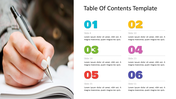 PowerPoint slide with a table of contents on the right and a person writing in a notebook on the left.