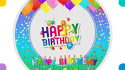 Festive birthday card with colorful balloons, candles, and stars surrounding a circular message in multicolored letters.