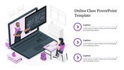 Purple themed online learning slide with a teacher giving a lesson via video conference and a student studying with captions.