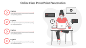 Online class slide with a woman at a laptop, surrounded by icons, and four red arrow captions aligned vertically on the left.