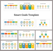 Collection of twelve smart goals slides with arrangements of colored blocks and icons, each arranged in multiple design.