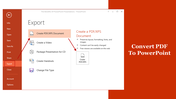 Slide showing how to convert PDF to PowerPoint with instructions for creating a PDF XPS document from the Export menu.