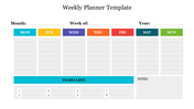 Weekly planner with seven color coded columns for each day, to-do list with eight slots, and a notes section on the right.