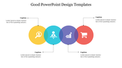 Colorful PPT design slide showcasing color coded icons with four captions with placeholder text.