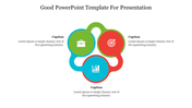 Good PPT slide featuring a triangle shaped circular design with three colorful sections, each with icons and captions.