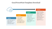 Cloud concept with arrow pointing right above blue, orange, green, and red vertical boxes containing caption text.