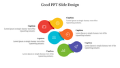 PPT slide with six colorful teardrop shapes in red, yellow, blue, orange, gteen, and purple, containing icons and captions.