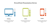 PowerPoint presentation devices with color coded desktop, tablet, and mobile with stars icons next to each with text area.