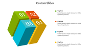 Custom slides design with four numbered cubes in green, orange, blue, and yellow, each linked to a caption areas.