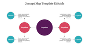 Concept map diagram with a purple circle, four surrounding circles in teal and pink, each linked by lines and captions.