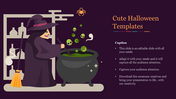 Halloween slide with a witch stirring a cauldron with floating skulls, and colorful text on a purple background.