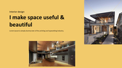Interior design portfolio slide showcasing a modern kitchen with a well lit and stylish living room exterior.