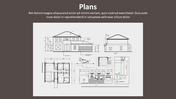 Architectural design featuring floor plans and elevations, with dimensions and labeled areas for construction details.