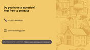 Contact slide featuring a phone number, email, and a gray website bar, on a yellow background and an illustrated cityscape.