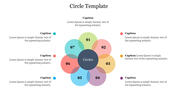 Multicolored circular diagram with seven labeled sections radiating from a central circle, each linked to side caption areas.