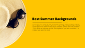 Summer themed slide with close up of woven beach hat and sunglasses beside bold title and paragraph on yellow backdrop.