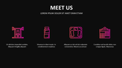 Meet Us slide with four pink icons on a dark background, each icon symbolizing different health and fitness elements.