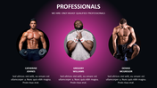 Team slide with three male fitness professionals, each with a photo, name, and paragraph, over a black to purple gradient.