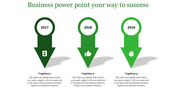 Business themed slide with three downward green arrows, each labeled with years and icons representing progress stages.