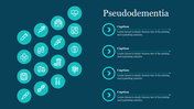 Medical themed icons in teal circles on the left with captions aligned vertically, all against a dark background.