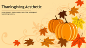 Thanksgiving slide with orange pumpkins and colorful autumn leaves, on a soft yellow background with swirly patterns.