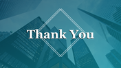 Thank you slide with a diamond frame at center with a phrase Thank you over a teal colored corporate background.