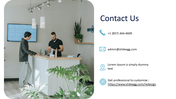 Contact PPT slide with contact information with a photo of two people at a counter, featuring phone, email, and details.