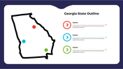 Map outline of Georgia with three colored dots in red, blue, and green, each linked to a caption on the right.