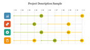 Project description slide showing progress in percentage milestones with colored icons in blue, red, green, and yellow.
