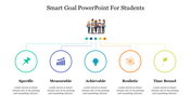 SMART goals slide with five circles in green, purple, blue, orange, and yellow, and a group of students in the center.