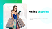 Online Shopping PPT with gradient color layout, shopper image, icons, charts, and structured content blocks