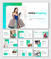Online Shopping PPT with gradient color layout, shopper image, icons, charts, and structured content blocks