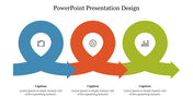 Business infographic with three ribbon-shaped arrows in blue, orange, and green, each containing a symbol.