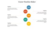 Career timeline template featuring years 2018 to 2022, with colorful circles and captions alongside each year.