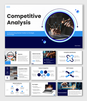 Competitive Analysis slide with blue layout, charts, SWOT shapes, circular image, and structured text sections.
