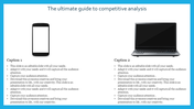PowerPoint template for competitive analysis with a smartphone and laptop image, highlighting two captioned sections.
