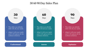 Visual layout of a 30 60 90 day plan with circular headers and colored columns labeled Understand, Assess, and Optimize.
