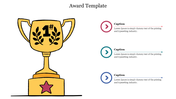 Large gold trophy with a star base and 1 symbol and three colored caption sections on the right in pink, teal, and blue.