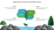 Diapositivas Creativas Para Ninos Gratis features colorful shapes with captions and a nature scene with trees and rocks.