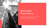 Minimalist cover slide with a grayscale skyscraper photo on the left and a bold text box on the right for the title content.