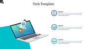 Laptop graphic with rocket launch animation on screen, paired with three tech icons and text captions aligned vertically.